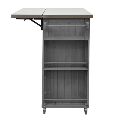 Outdoor Kitchen Island Fir Wood Kitchen Island With Stainless Steel Top, Ample Storage Space, Towel And Spice Racks And A Bottle Opener For Outdoor - Gray