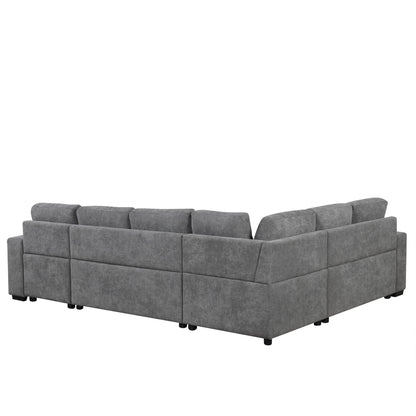 U-Shaped Sectional Sofa Pull-Out Sofa Bed With Two USB Ports, A Storage Chaise Lounge And Four Back Pillows For Living Room - Gray