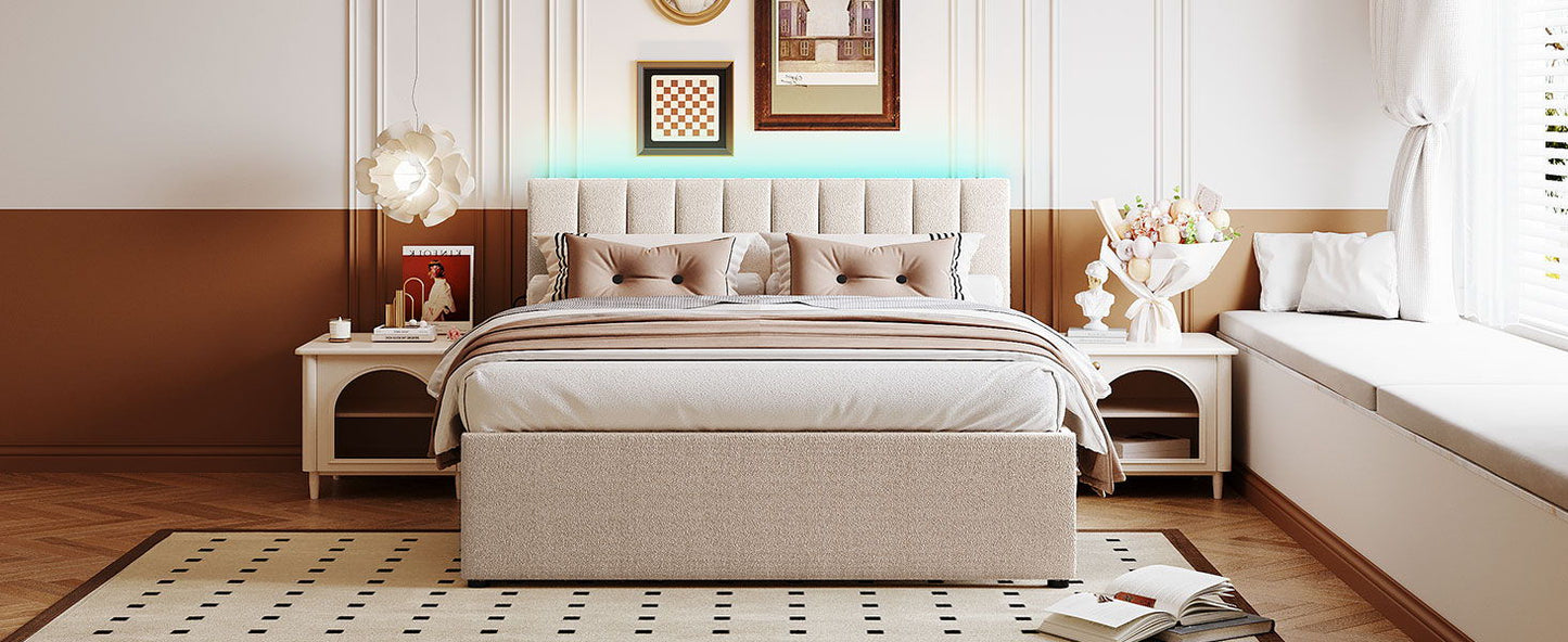 Queen Size Upholstered Platform Bed With Twin Long Trundle - Beige
