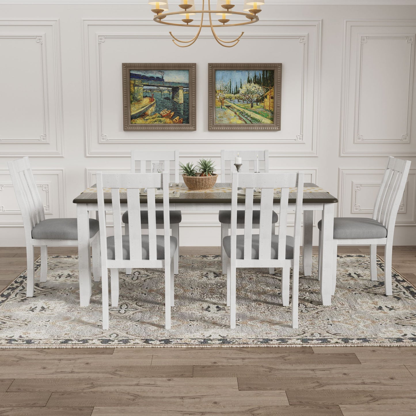 7 Piece Dining Table Set Retro Style With Extendable Table And 6 Upholstered Chairs - Antique Brown / White