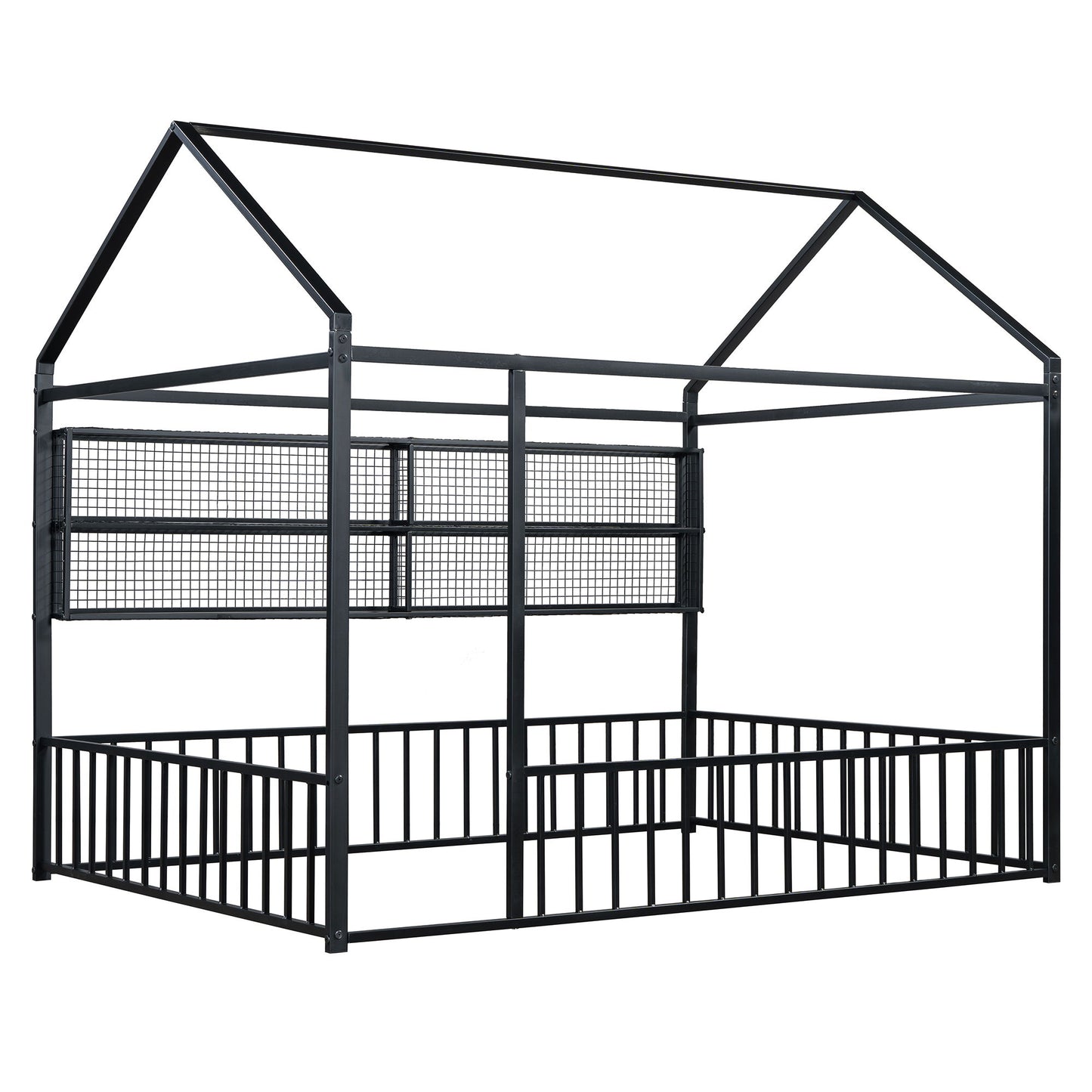 Full Size Bed House Frame With Fence And Shelves - Black