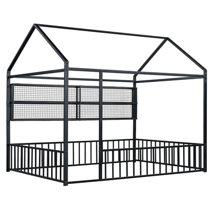 Full Size Bed House Frame With Fence And Shelves - Black
