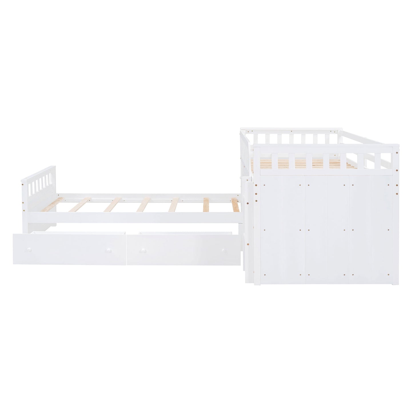 Twin Loft And Platform Bed With 7 Drawers And Full Guardrails, Modern L Shaped Space Savin - White