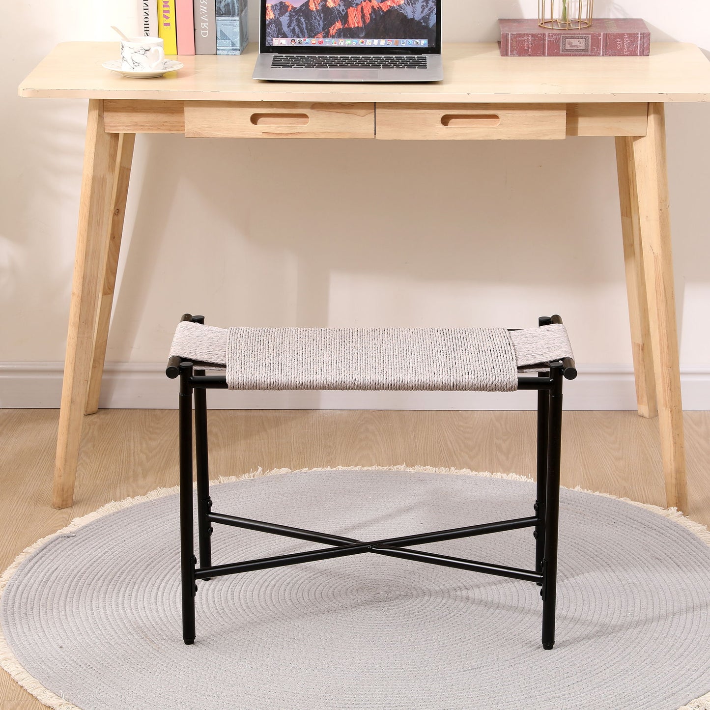 Boho Hand Woven Entryway Ottoman Vanity Chair Footrest Stool For Living Room Sofas - Gray