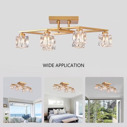 6 Light Crystal Ceiling Light For Dining Room, Modern Ceiling Lamp With Light Fixture For Entryway, Lobby, Kitchen, Bedroom, Living Room, Conference Room, (6*G9 Bulbs Included) - Gold