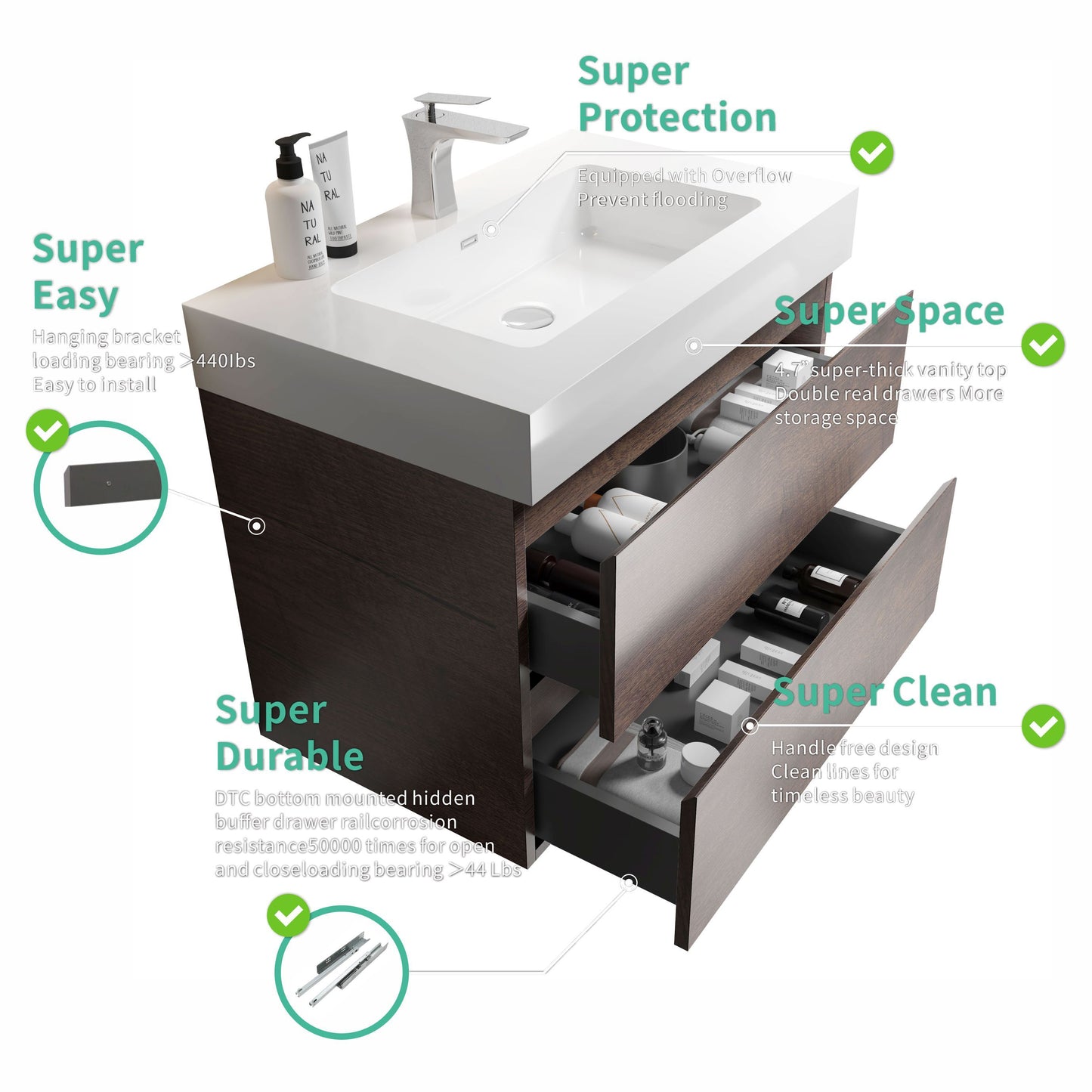 Alice - 36" Bathroom Vanity With Sink, Large Storage Wall Mounted Floating Bathroom Vanity For Modern Bathroom, One-Piece Sink Basin Without Drain And Faucet - White / Walnut