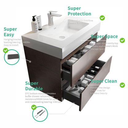 Alice - 36" Bathroom Vanity With Sink, Large Storage Wall Mounted Floating Bathroom Vanity For Modern Bathroom, One-Piece Sink Basin Without Drain And Faucet - White / Walnut