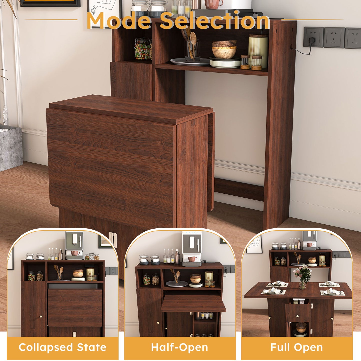 Multifunctional Folding Dining Table With Wall Mounted Sideboard & Storage - Walnut