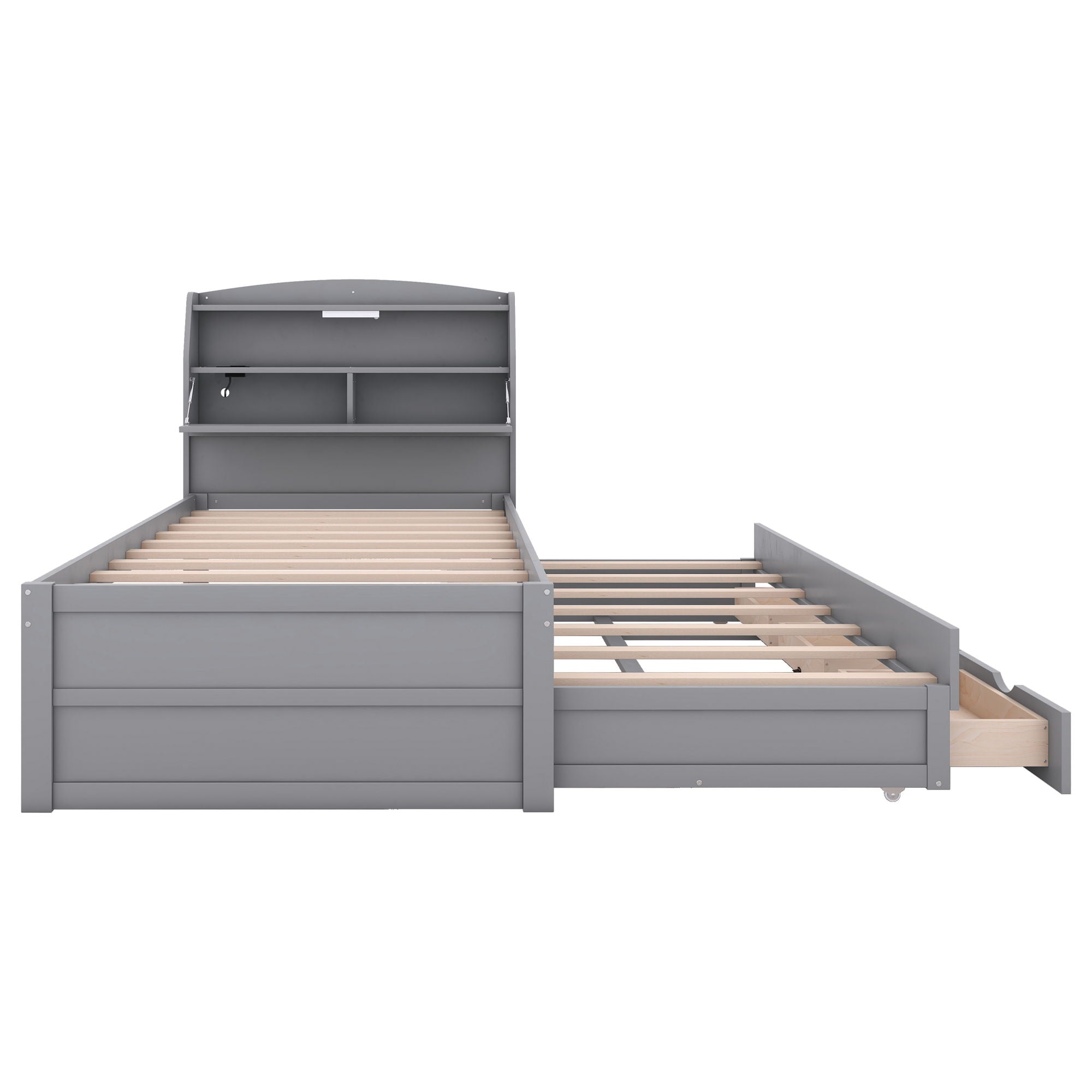 Twin Size LED Platform Bed With Trundle With Storage Headboard With Drawers - Gray