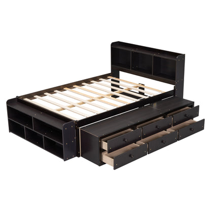 Full Bed With Bookcase Headboard, Under Bed Storage Drawers And Bed End Storage Case - Espresso