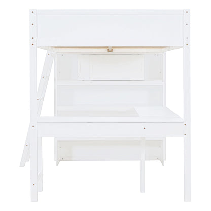 Full Size Loft Bed With Desk And Storage Shelves - White