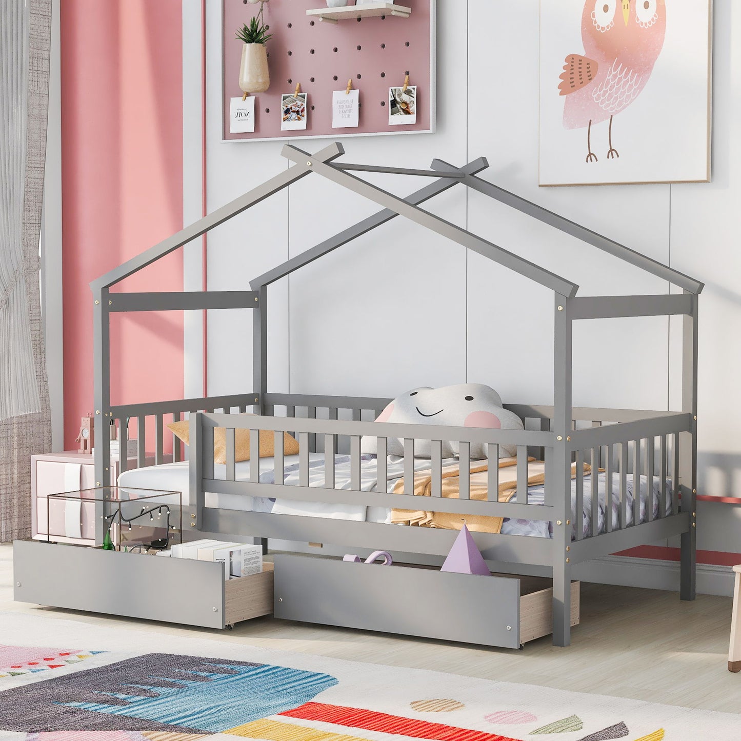 Twin Size House Bed With 2 Drawers - Gray