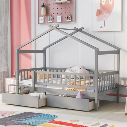 Twin Size House Bed With 2 Drawers - Gray