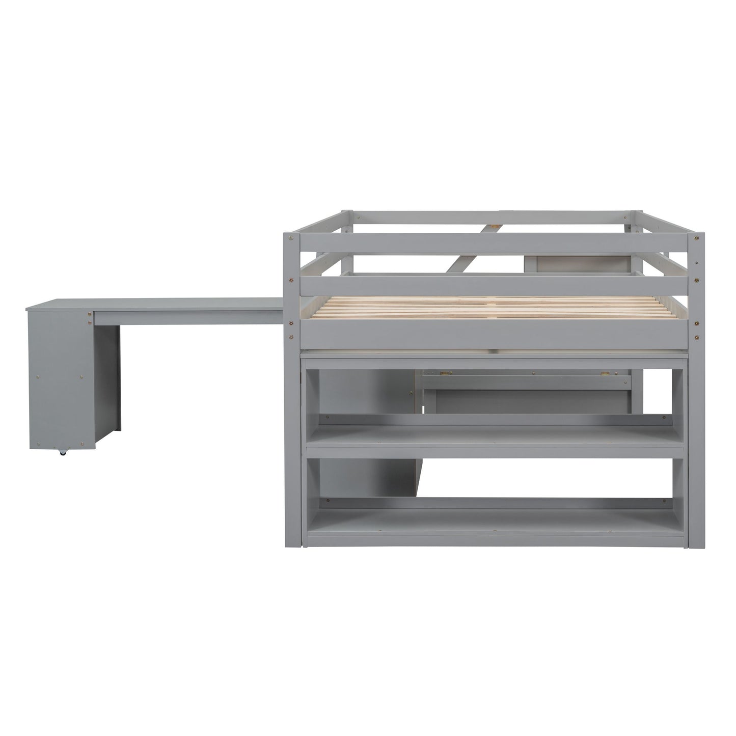Full Size Loft Bed With Retractable Writing Desk And 3 Drawers With Storage Stairs And Shelves - Gray