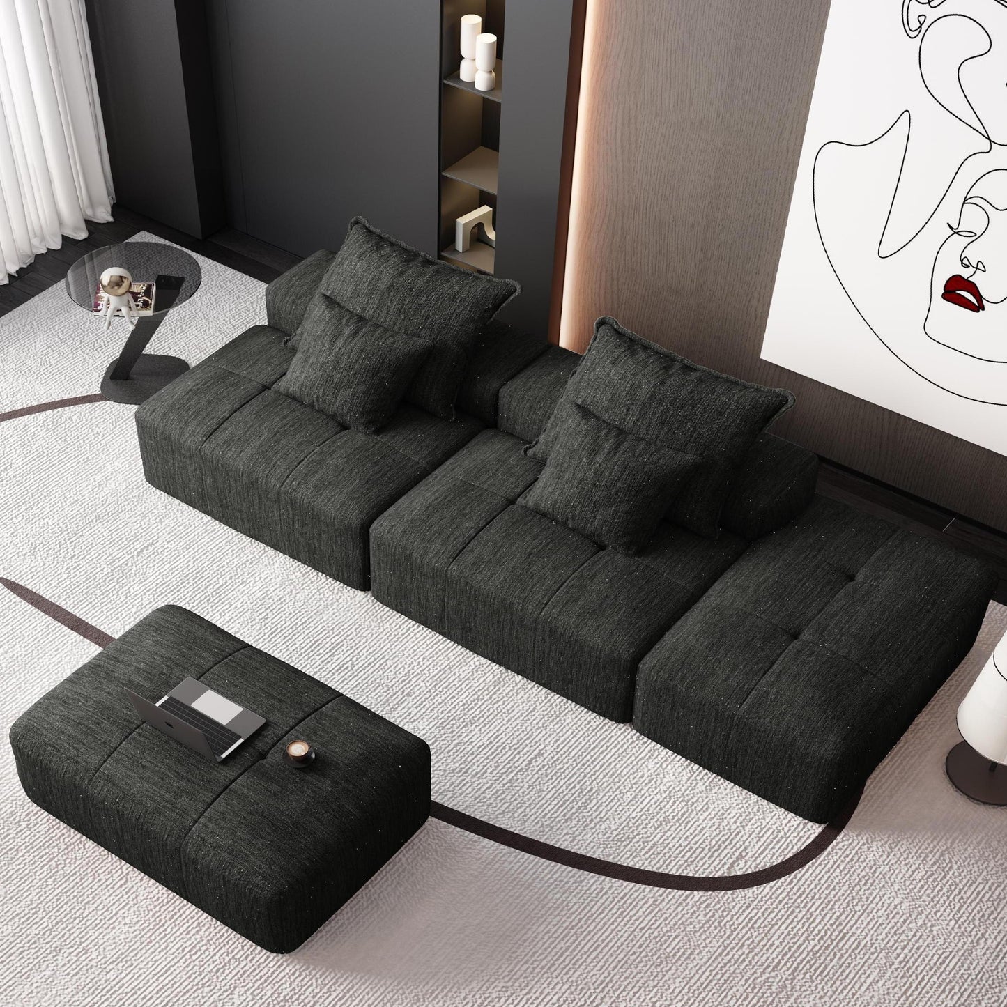 Modern Oversized Modular Sectional Sofa With 2 Ottoman And 2 Seat, Sparkling Chenille Fabric Soft Cushion Sofa With 4 Pillows, 4 Pieces Diy Combination Tufted Sofa, No Assembly Required - Black