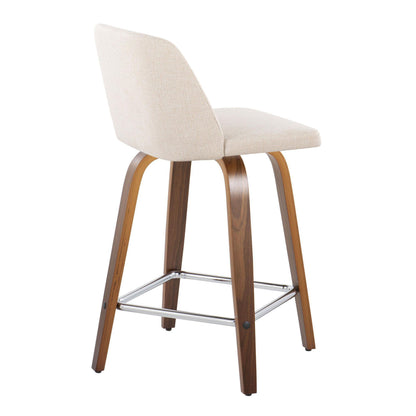 Toriano - Mid-Century Modern Fixed Height Counter Stool With Swivel And Square Footrest (Set of 2) - Walnut / Cream