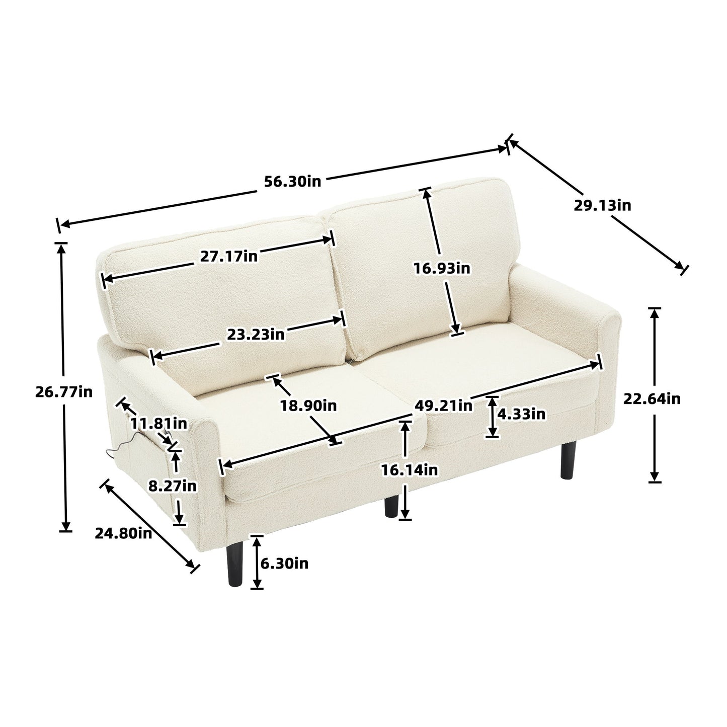 Mid Century Modern Loveseat Sofa With USB, Removable Pillow Cover - Beige