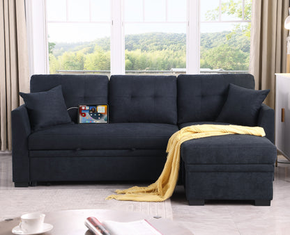 Sectional Sofa Bed L Shaped Sofa Couch Bed With USB Port, Reversible Sofa Sleeper With Pull Out Bed, Chaise With Storage, Pull Out Couch For Living Room - Black
