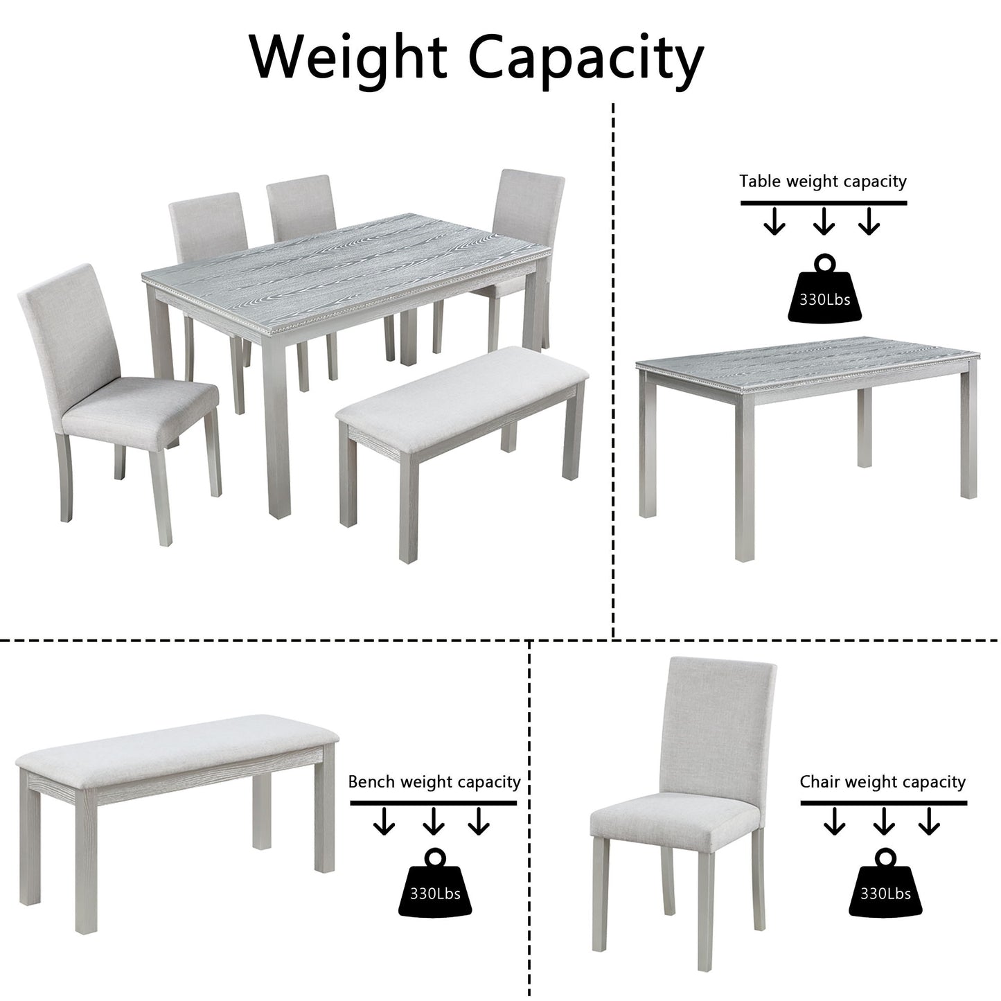 6 Piece Wooden Dining Table Set, Wooden Dining Table With 4 Upholstered Chairs And Bench For 6 People, Rectangular Dining Table Set With Crystal Decoration For Kitchen, Dining Room - Silver Gray