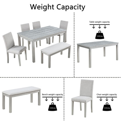 6 Piece Wooden Dining Table Set, Wooden Dining Table With 4 Upholstered Chairs And Bench For 6 People, Rectangular Dining Table Set With Crystal Decoration For Kitchen, Dining Room - Silver Gray