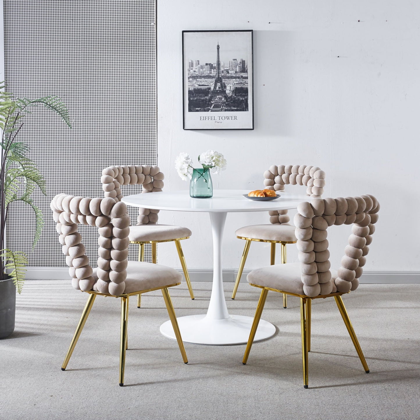 Modern Chair With Iron Tube Legs, Soft Cushions And Comfortable Backrest, Suitable For Dining Room, Living Room, Cafe, Hairball Back (Set of 4) - White / Gold
