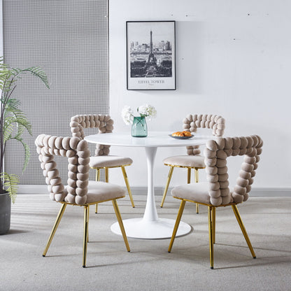 Modern Chair With Iron Tube Legs, Soft Cushions And Comfortable Backrest, Suitable For Dining Room, Living Room, Cafe, Hairball Back (Set of 4) - White / Gold