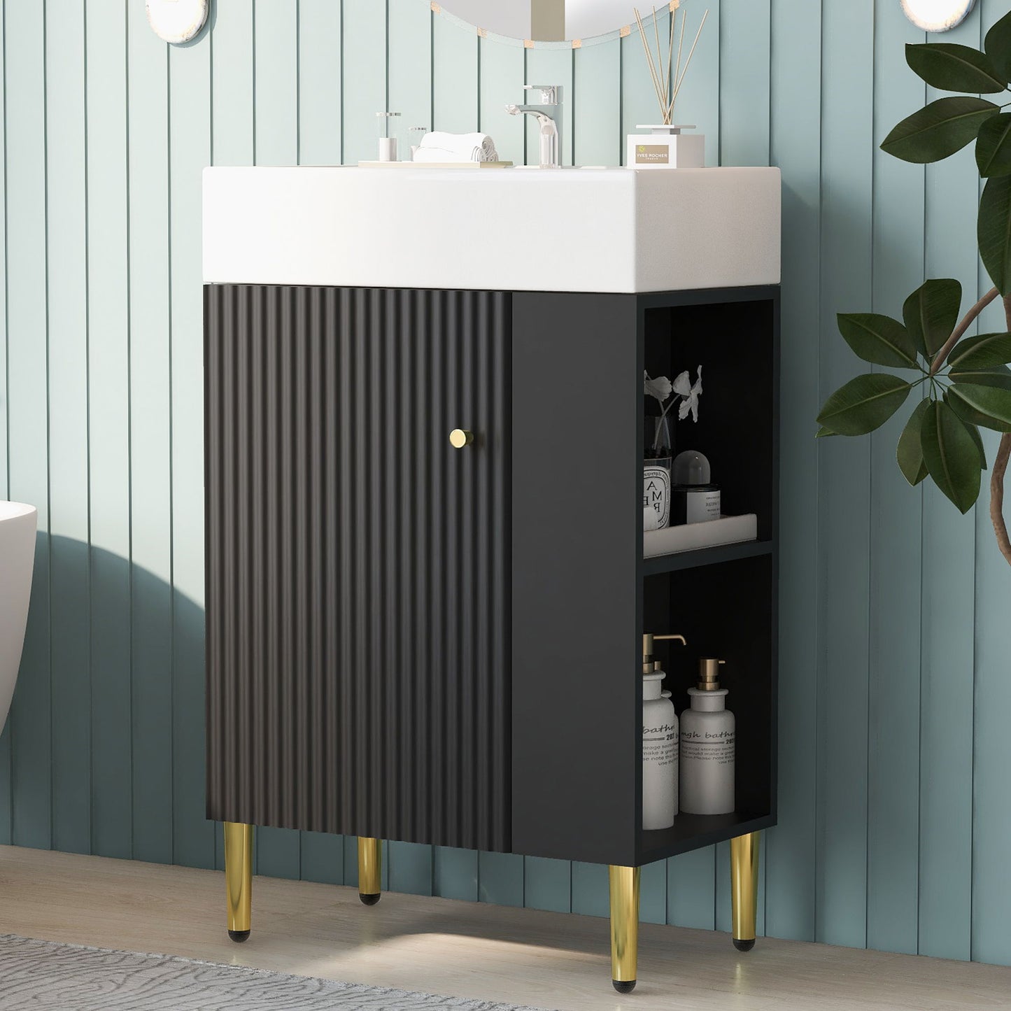 Bathroom Vanity, Combo Cabinet, Bathroom Storage Cabinet, Single Ceramic Sink, Right Side Storage - Black