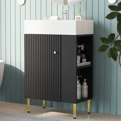 Bathroom Vanity, Combo Cabinet, Bathroom Storage Cabinet, Single Ceramic Sink, Right Side Storage - Black