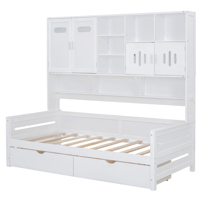 Twin Size Daybed With 2 Drawers And All In One Cabinet And Shelf - White