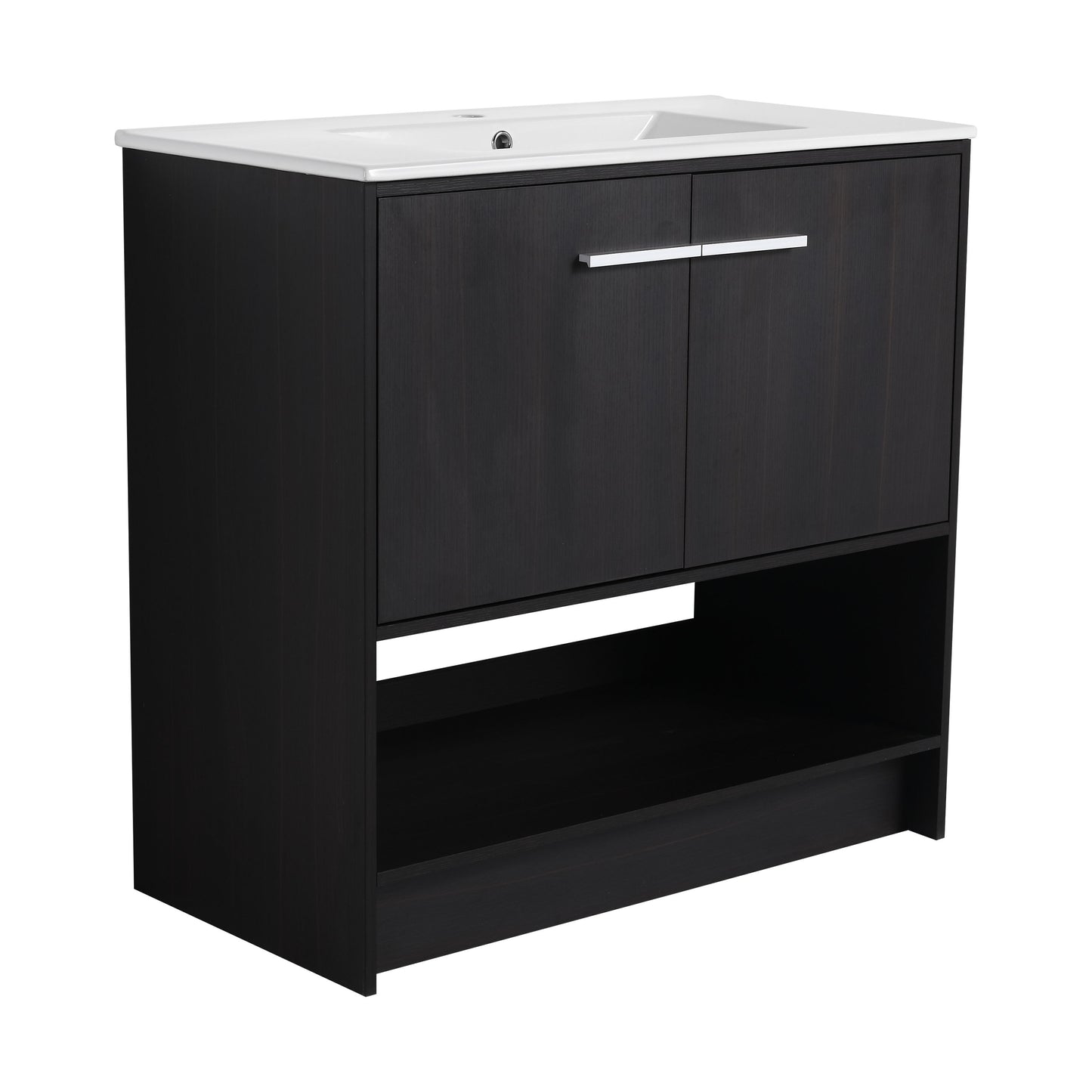 Modern 36" Bathroom Vanity With Ceramic Sink And Soft Closing Doors - Dark Oak