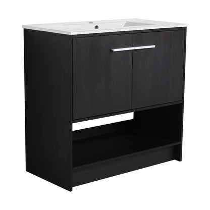 Modern 36" Bathroom Vanity With Ceramic Sink And Soft Closing Doors - Dark Oak