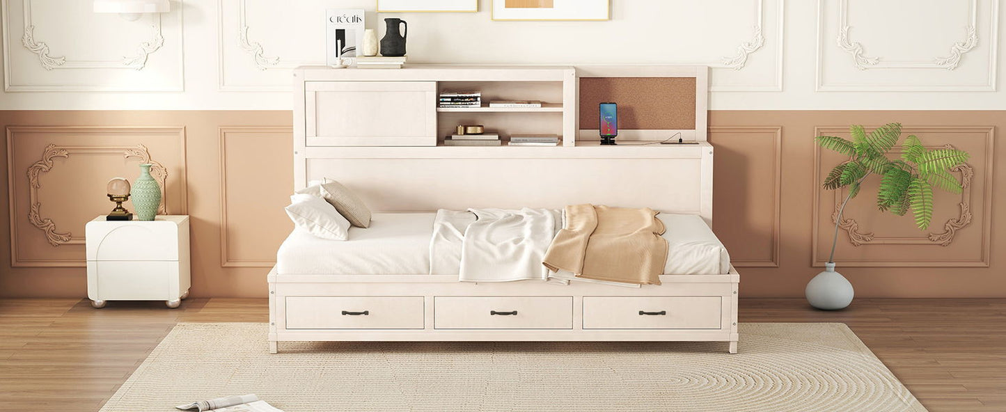 Twin Size Daybed With 3 Storage Drawers, Upper Soft Board, Shelf, And A Set Of Sockets And USB Ports - White