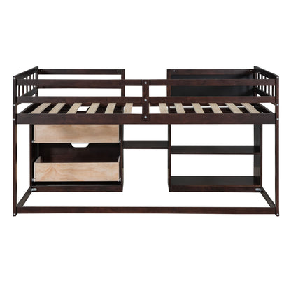Twin Size Low Loft Bed With Rolling Desk, Shelf And Drawers - Espresso