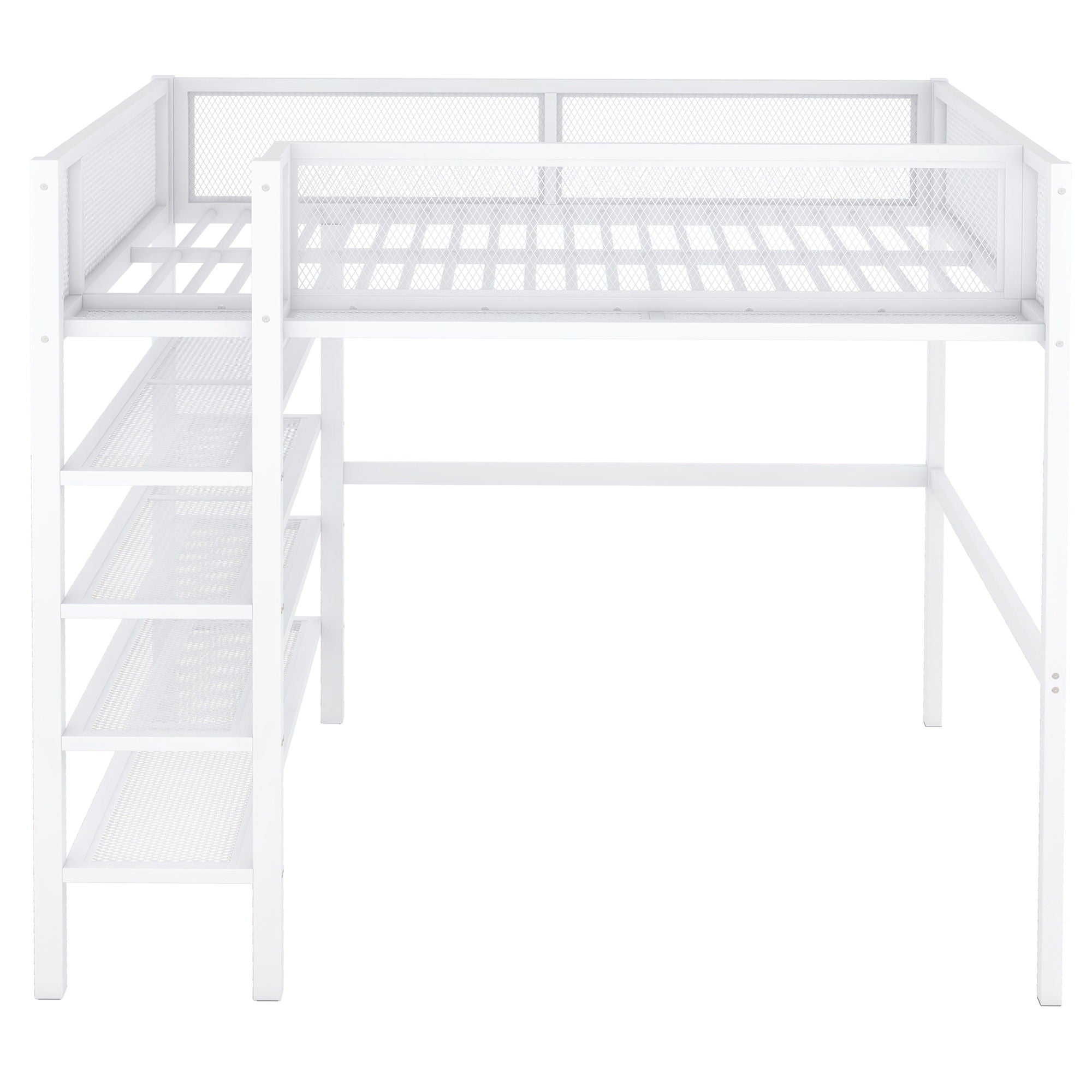 Full Size Loft Bed With 4 Tier Shelves And Storage - White