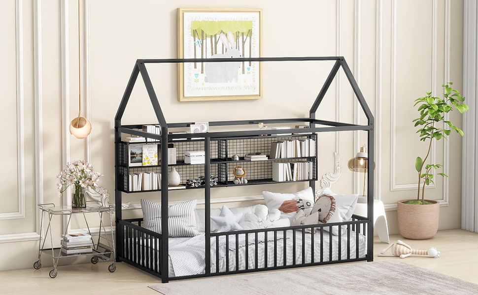 Twin Size Bed House Frame With Fence And Shelves - Black