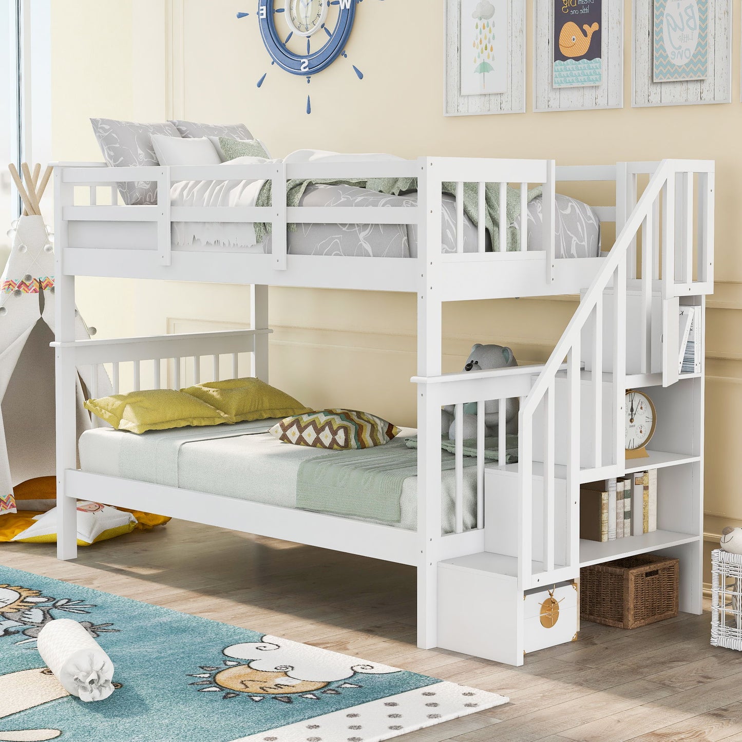 Twin Over Twin Stairway Bunk Bed With Storage And Guard Rail For Bedroom - White
