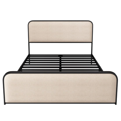 Modern Metal Bed Frame With Curved Upholstered Headboard And Footboard Bed With Under Bed Storage, Heavy Duty Metal Slats, King Size - Beige