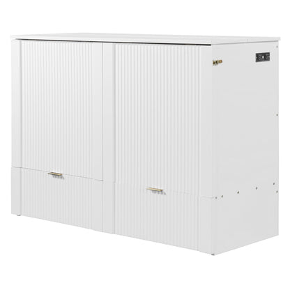 Full Size Murphy Bed With Drawer And A Set Of Sockets & USB Ports, Pulley Structure Design - White