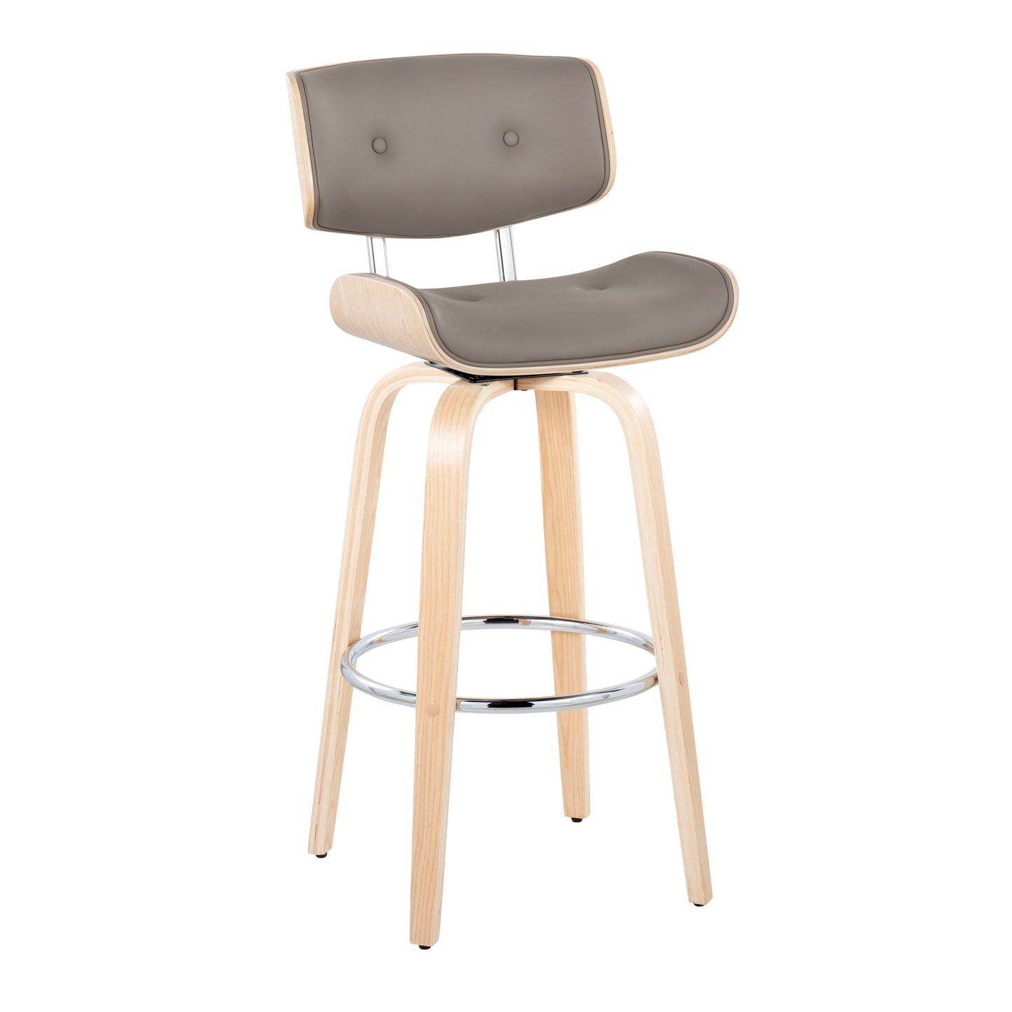 Lombardi - Mid-Century Modern Fixed Height Barstool With Swivel With Round Footrest (Set of 2) - Natural / Light Gray