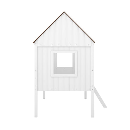 Twin Size Low Loft House Bed With Two Side Windows - White / Brown