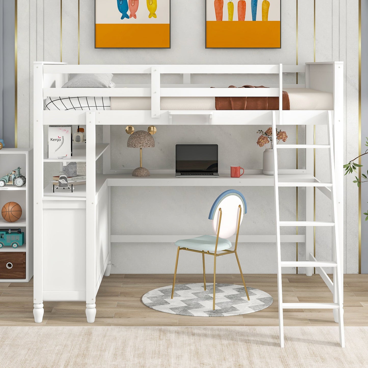 Full Size Loft Bed With Drawers And Desk With Shelves - White