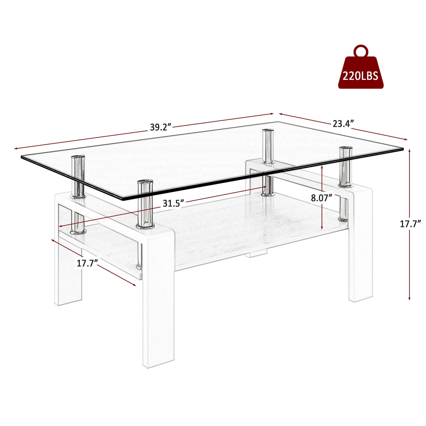 Modern Rectangular Coffee Table With Tempered Glass Top Layer, Table For Living Room - Gray