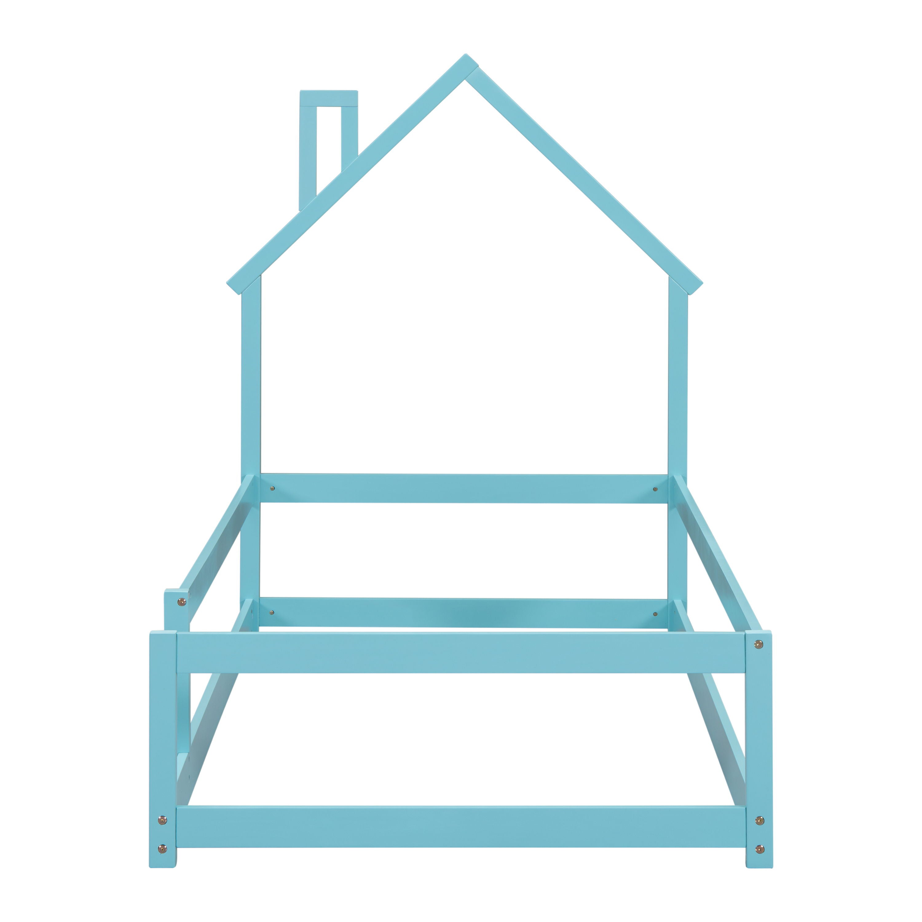 Twin Size Wood Bed With House-Shaped Headboard Floor Bed With Fences - Light Blue