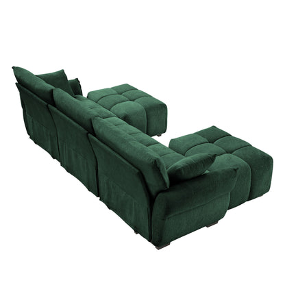 Elegant Textured 3 Seater Sofa Set With Ottoman And Throw Pillows Frame - Green
