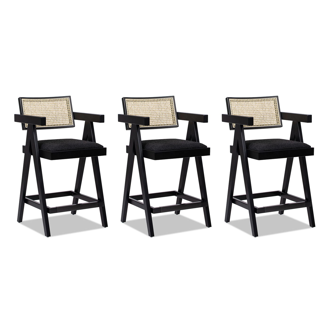 Milan - Modern Webbing Back Counter Bar Stool With Arms (Set of 3) - Ebony Black
