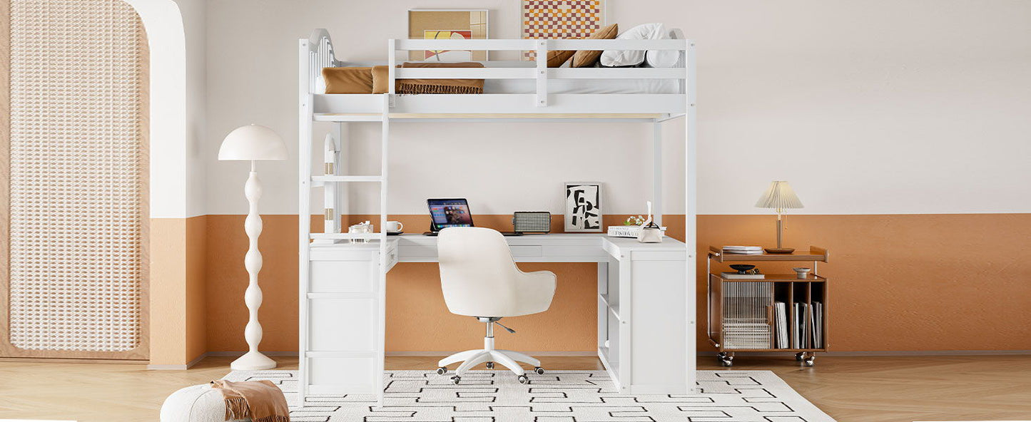 Full Loft Bed With U Shaped Desk, Storage Compartments And Tri Fold Mirror - White