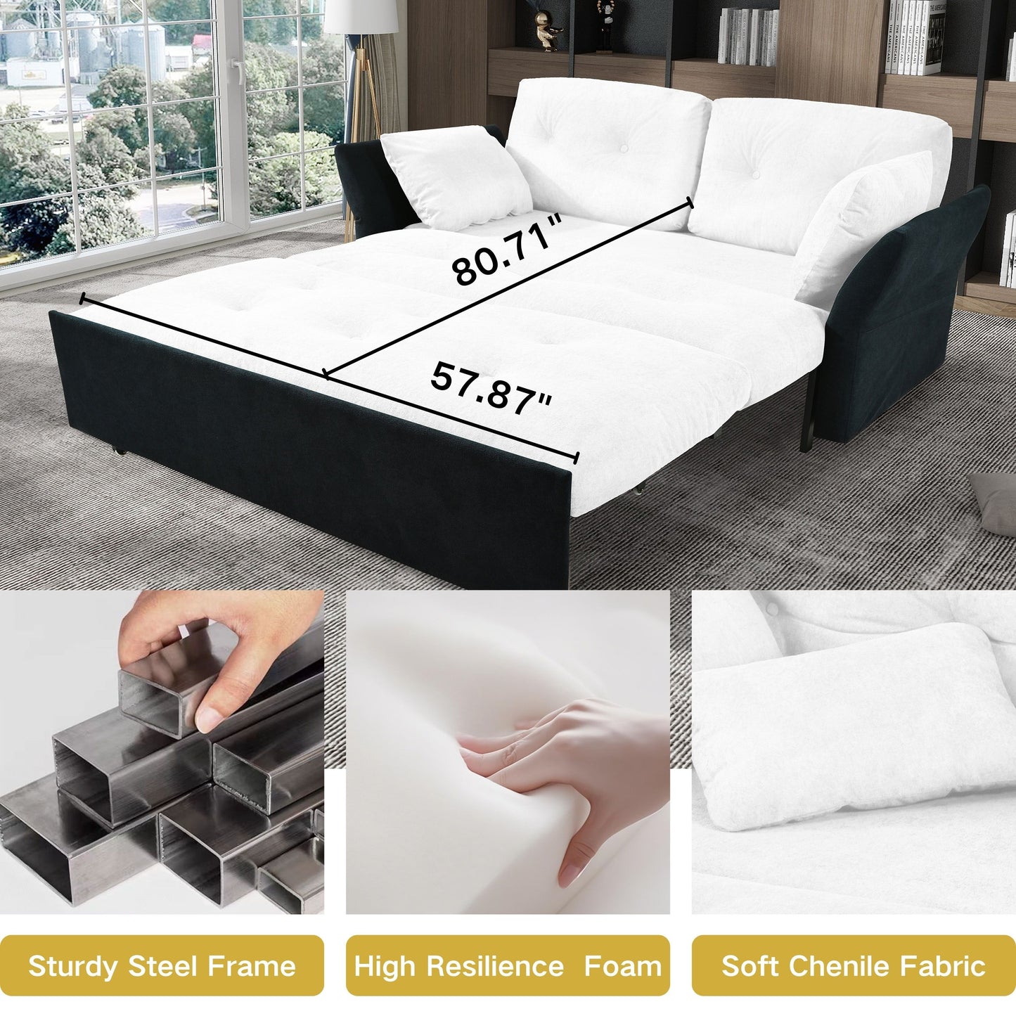 Modern Convertible Sleeper Sofa Bed With Pull Out Queen Design, Side Storage & Thick Cushions Chenille Loveseat For Living Room Or Bedroom 3 In 1 Function - - White