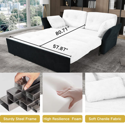 Modern Convertible Sleeper Sofa Bed With Pull Out Queen Design, Side Storage & Thick Cushions Chenille Loveseat For Living Room Or Bedroom 3 In 1 Function - - White
