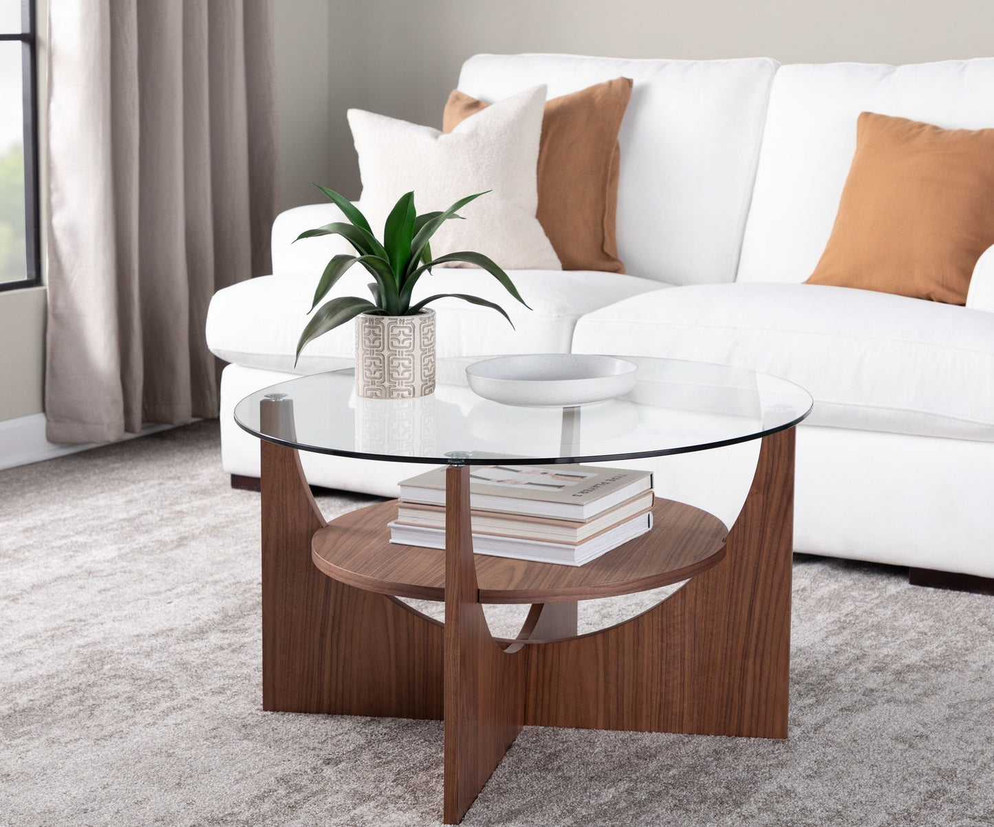 U - Shaped Contemporary Coffee Table - Walnut / Clear
