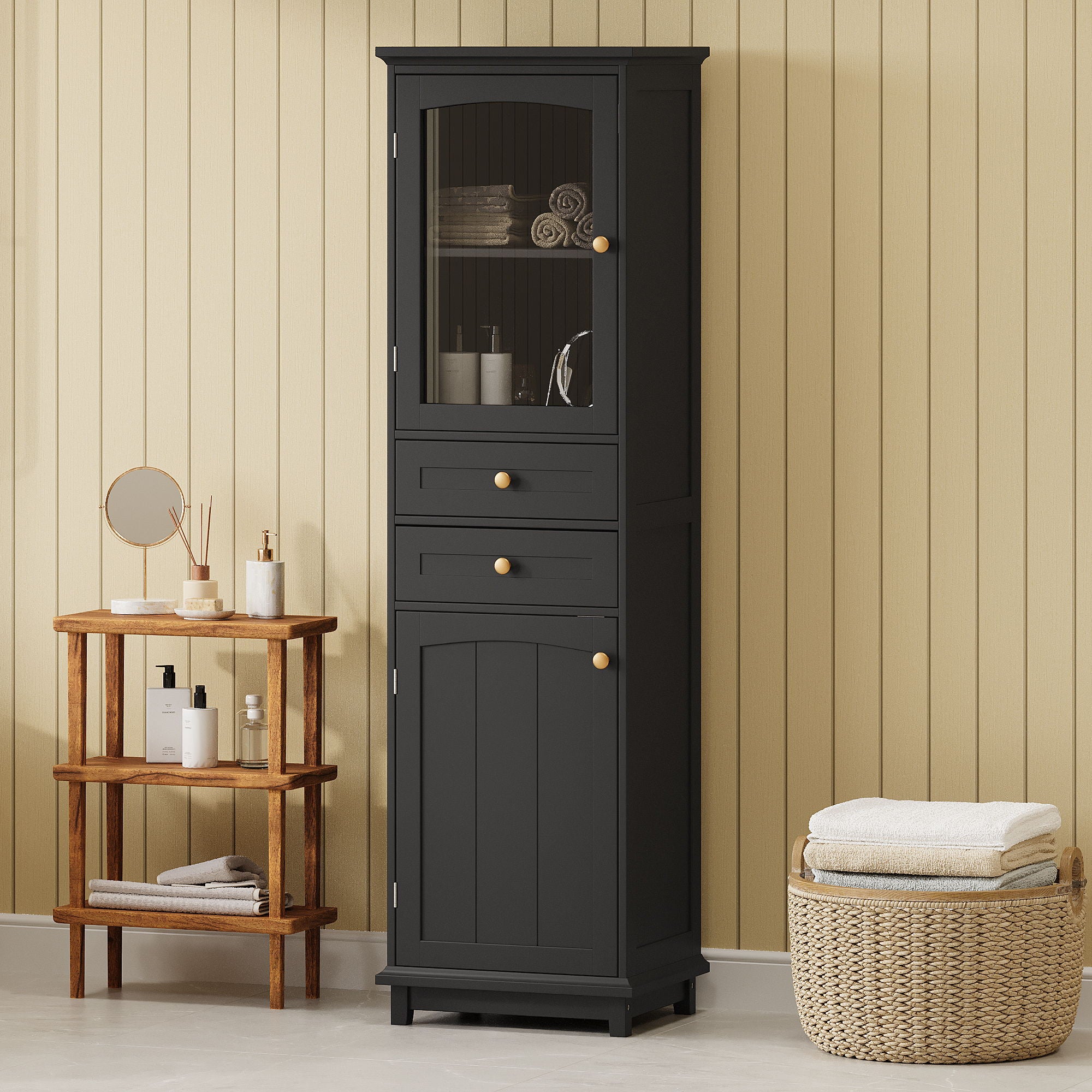 Tall Bathroom Storage Cabinet With Glass Doors, Free-Standing, Two Drawers, And Adjustable Shelves, MDF Board, Painted Perfect For Displaying Your Favorite Items - Black